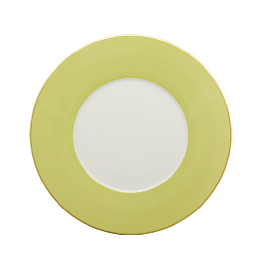 White dinner plate with wide lime green rim and subtle textured finish.