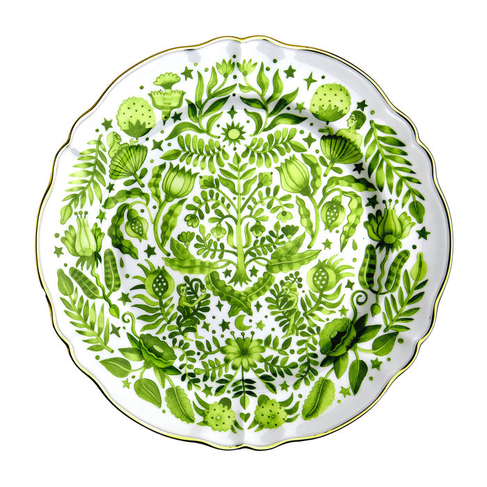 Round ceramic platter with scalloped edges featuring detailed green botanical patterns and gold rim.