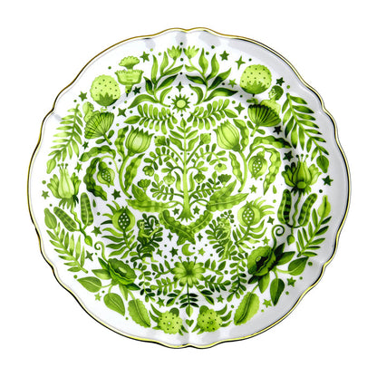 Round ceramic platter with scalloped edges featuring detailed green botanical patterns and gold rim.