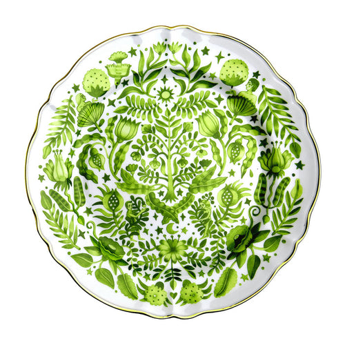 Round ceramic platter with scalloped edges featuring detailed green botanical patterns and gold rim.