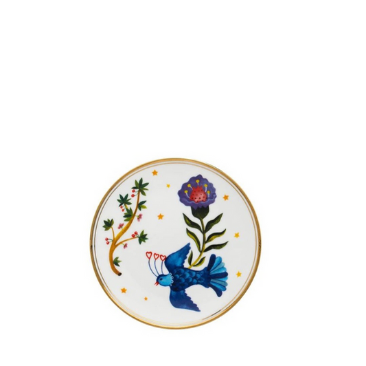 White ceramic small plate with blue bird and colorful floral design, gold rim.