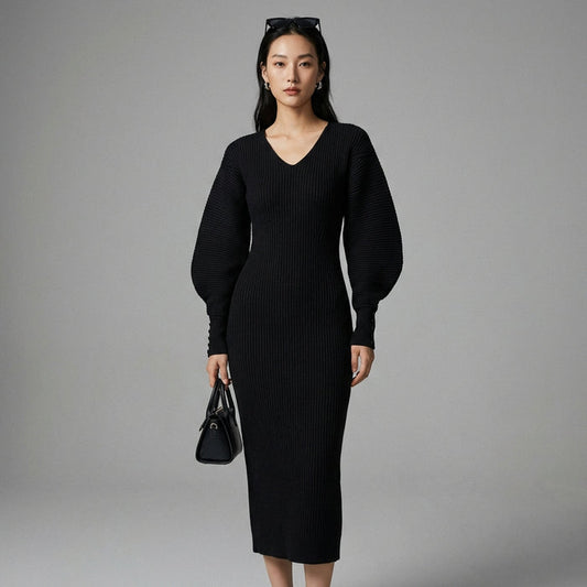 Robe longue en maille noire col V manches lanterne - Koreanxwear - Taille XS