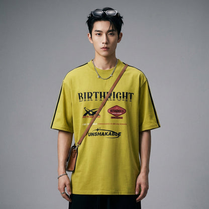 T-Shirt loose imprimé pour homme, style streetwear K-fashion, rouge foncé et vert olive. Idéal été. - Taille S