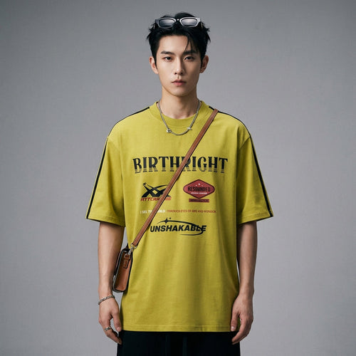 T-Shirt loose imprimé pour homme, style streetwear K-fashion, rouge foncé et vert olive. Idéal été. - Taille S