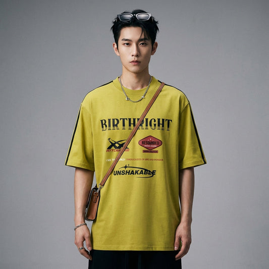 T-Shirt loose imprimé pour homme, style streetwear K-fashion, rouge foncé et vert olive. Idéal été. - Taille S