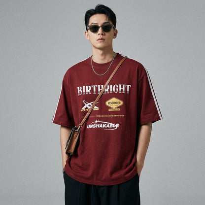 T-Shirt loose imprimé pour homme, style streetwear K-fashion, rouge foncé et vert olive. Idéal été. - Taille S