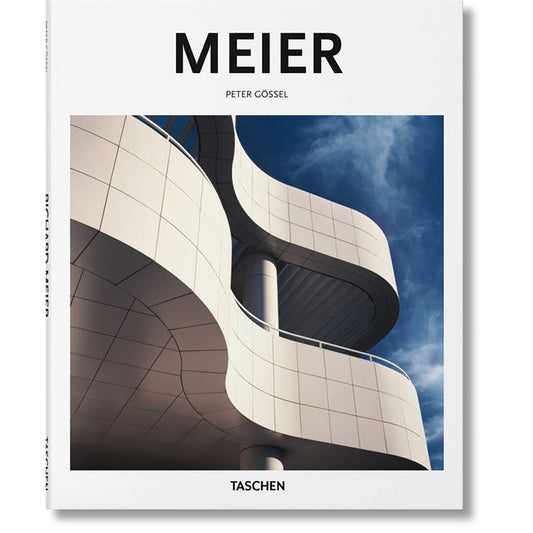 The cover of the book 'MEIER' by Peter Gössel showing a photograph of a modern architectural building with white surfacing and glass windows against a blue sky.