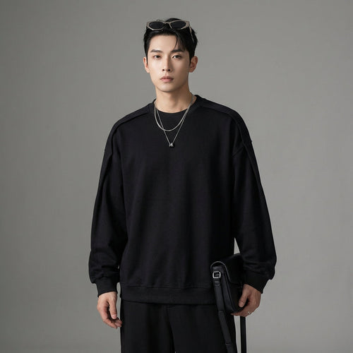 Sweatshirt déstructuré minimaliste coton noir - K-fashion unisexe - Taille M