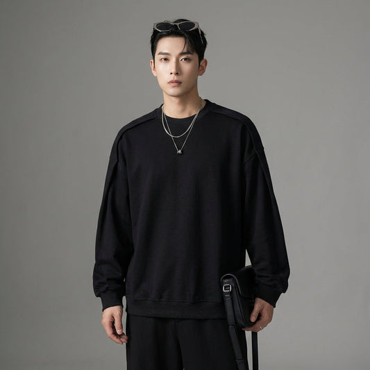 Sweatshirt déstructuré minimaliste coton noir - K-fashion unisexe - Taille M