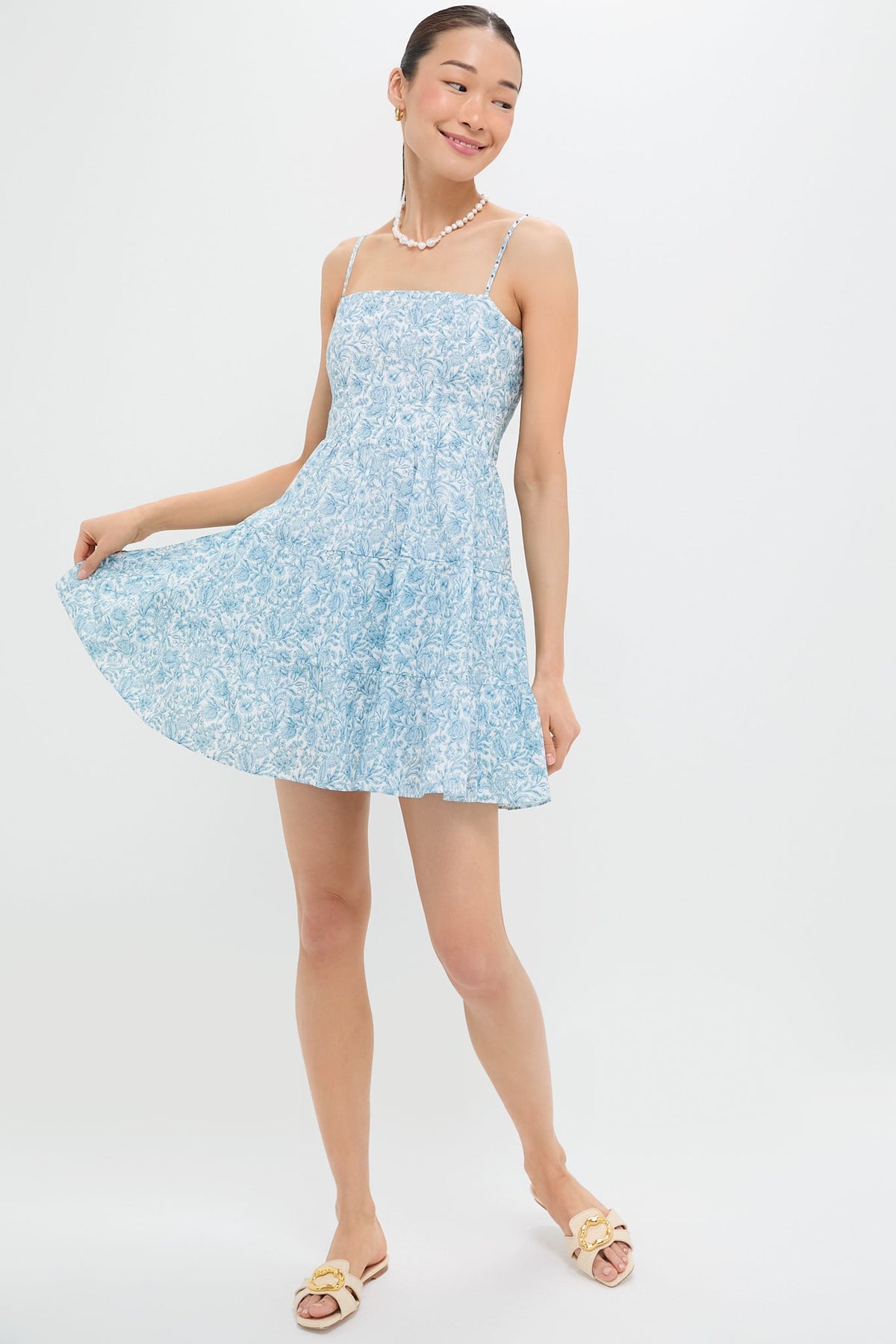 Blue Floral Beaded Straps Lily Mini Dress