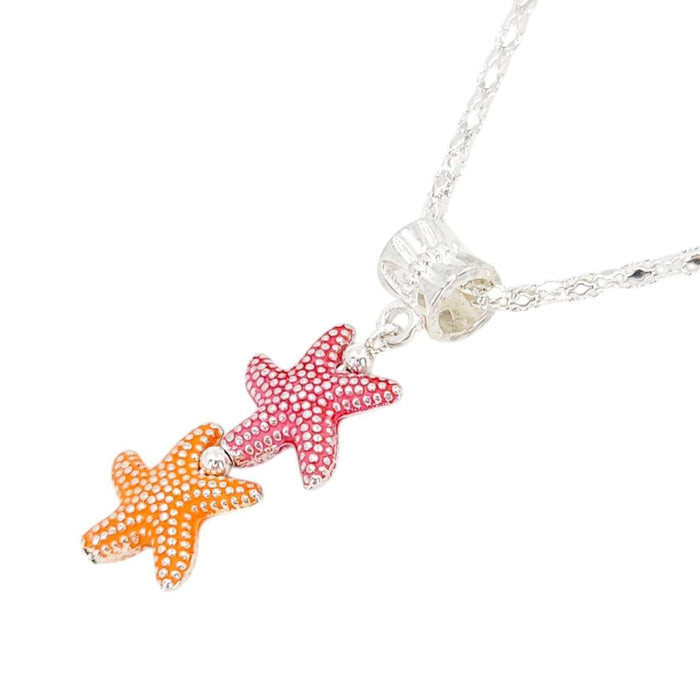 Necklace - Double Sea Star Pendant (Red Orange, Silver Plate) by Tiny Aloha