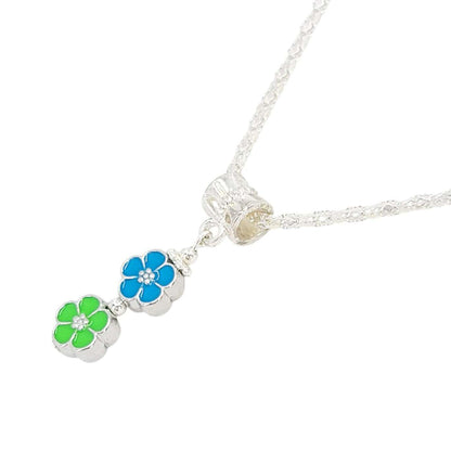 Necklace - Double Small Flower Pendant (Blue Green, Silver Plate) by Tiny Aloha
