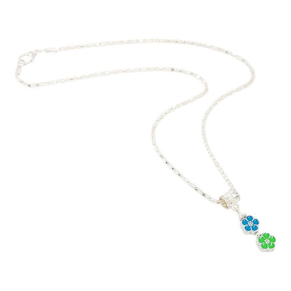 Necklace - Double Small Flower Pendant (Blue Green, Silver Plate) by Tiny Aloha
