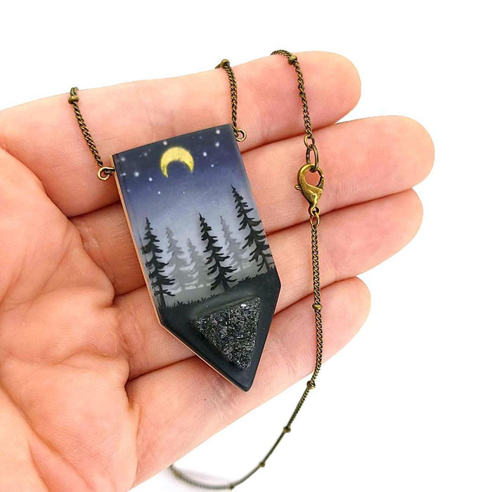 Necklace - Druzy Forest Crystal (Brass) by Fernworks