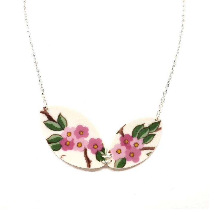 Necklace - Duo Bright Cherry Blossoms Vintage China by Material+Movement