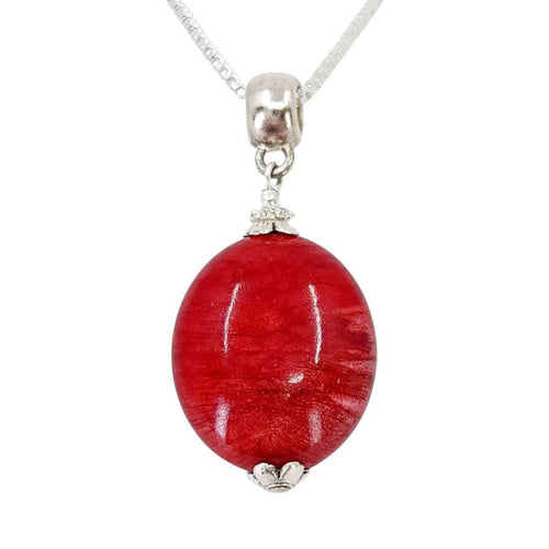 Necklace - Large Oval Pendant (Red Resin, Silver Fill) by Tiny Aloha