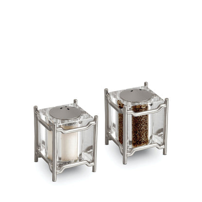 Platinum New York diner style salt and pepper shakers with clear glass bodies and metal frames.