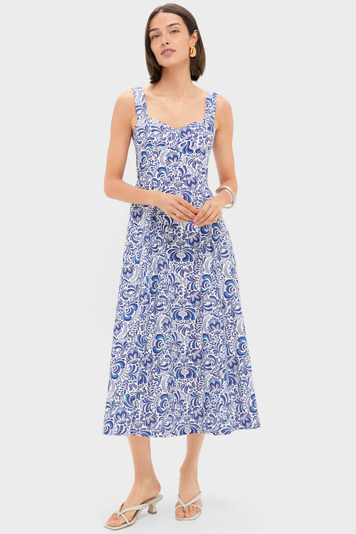 Blue Linen Floral Open Back Lawson Bustier Maxi Dress