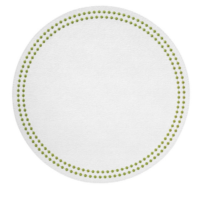 Round white placemat with two concentric circles of evenly spaced chartreuse dots along the edge.