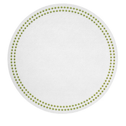 Round white placemat with two concentric circles of evenly spaced chartreuse dots along the edge.