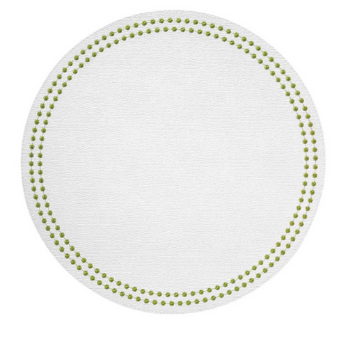 Round white placemat with two concentric circles of evenly spaced chartreuse dots along the edge.