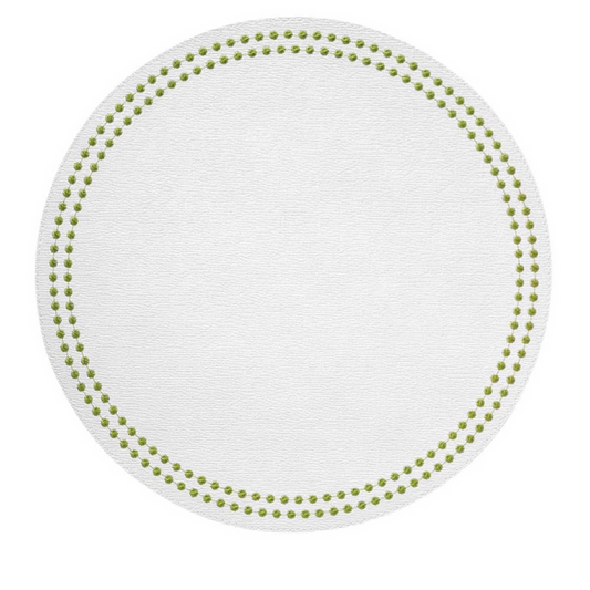 Round white placemat with two concentric circles of evenly spaced chartreuse dots along the edge.