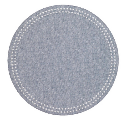 Round blue placemat with textured fabric and decorative perforated dot border.
