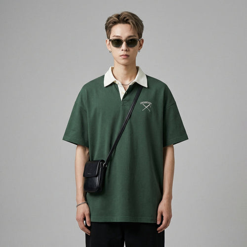 Polo oversize bicolore vert et gris avec col brodé. Style streetwear K-fashion. - Taille M