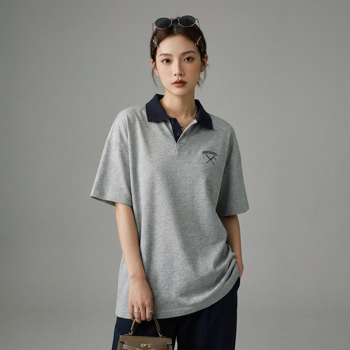 Polo oversize bicolore vert et gris avec col brodé. Style streetwear K-fashion. - Taille M