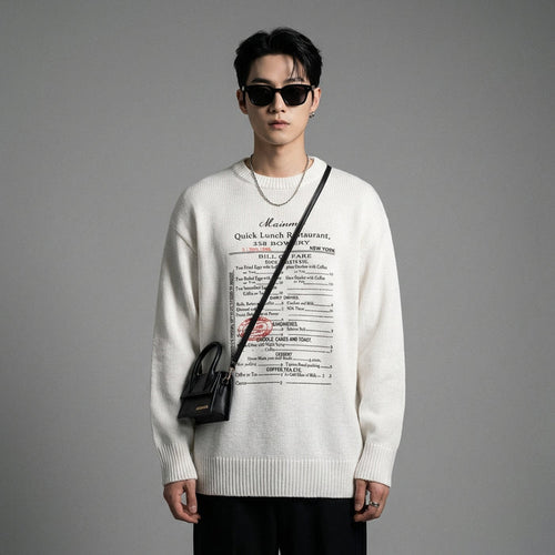 Pull oversize blanc imprimé lettres, style streetwear décontracté - Taille S