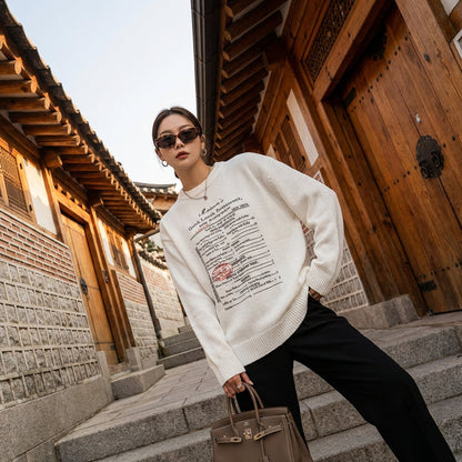 Pull oversize blanc imprimé lettres, style streetwear décontracté