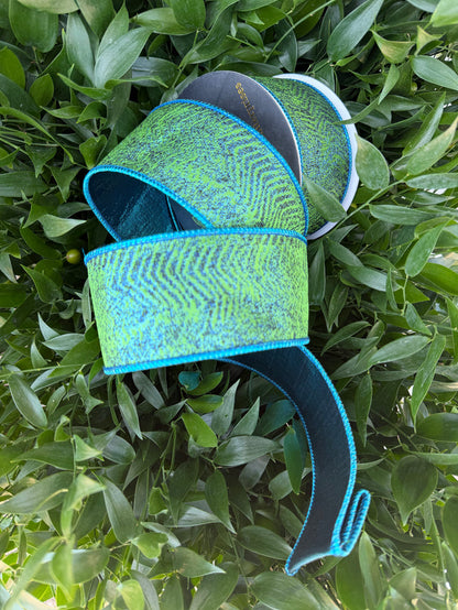 PEACOCK MIX JACQ/METALLIC DUPION FUSED 2.5"X10YD PEACOCK/TURQUOISE HEAVY WIRED RIBBON