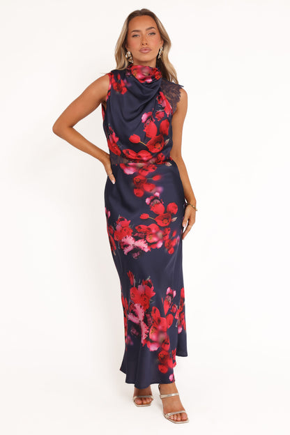 Anabelle Halter Neck Lace Maxi Dress - Navy Floral
