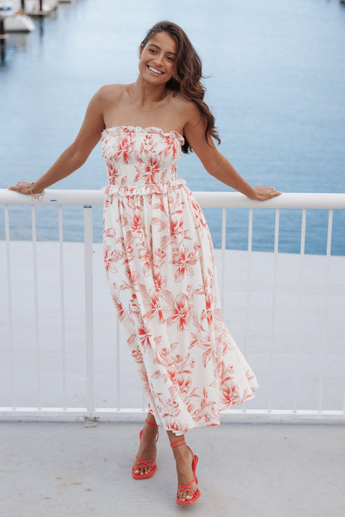 Avania Strapless Midi Dress - Red Floral