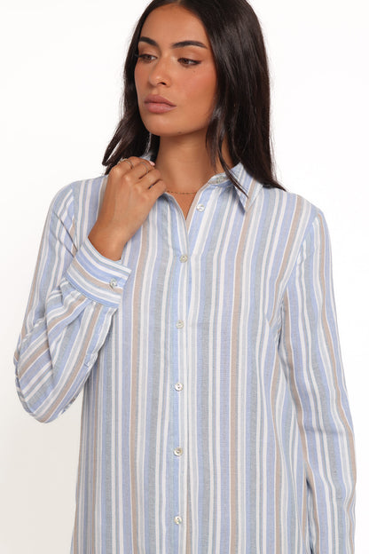 Caprice Long Sleeve Button Down Maxi Dress - Blue Stripe