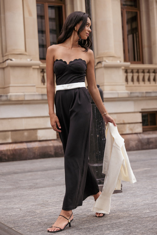 Elaria Scalloped Belted Jumpsuit - Black