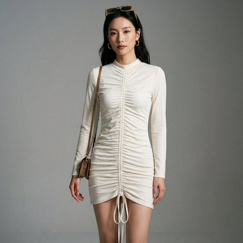 Robe courte plissée col montant manches longues, couleur abricot - Koreanxwear - Taille S