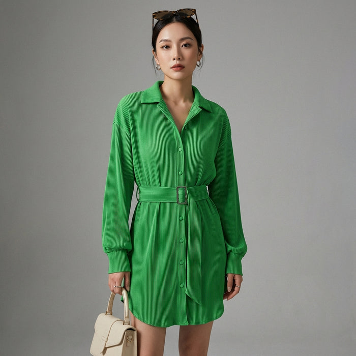 Robe plissée chemise longue verte - Mode coréenne élégante - Taille S