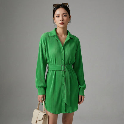 Robe plissée chemise longue verte - Mode coréenne élégante - Taille S