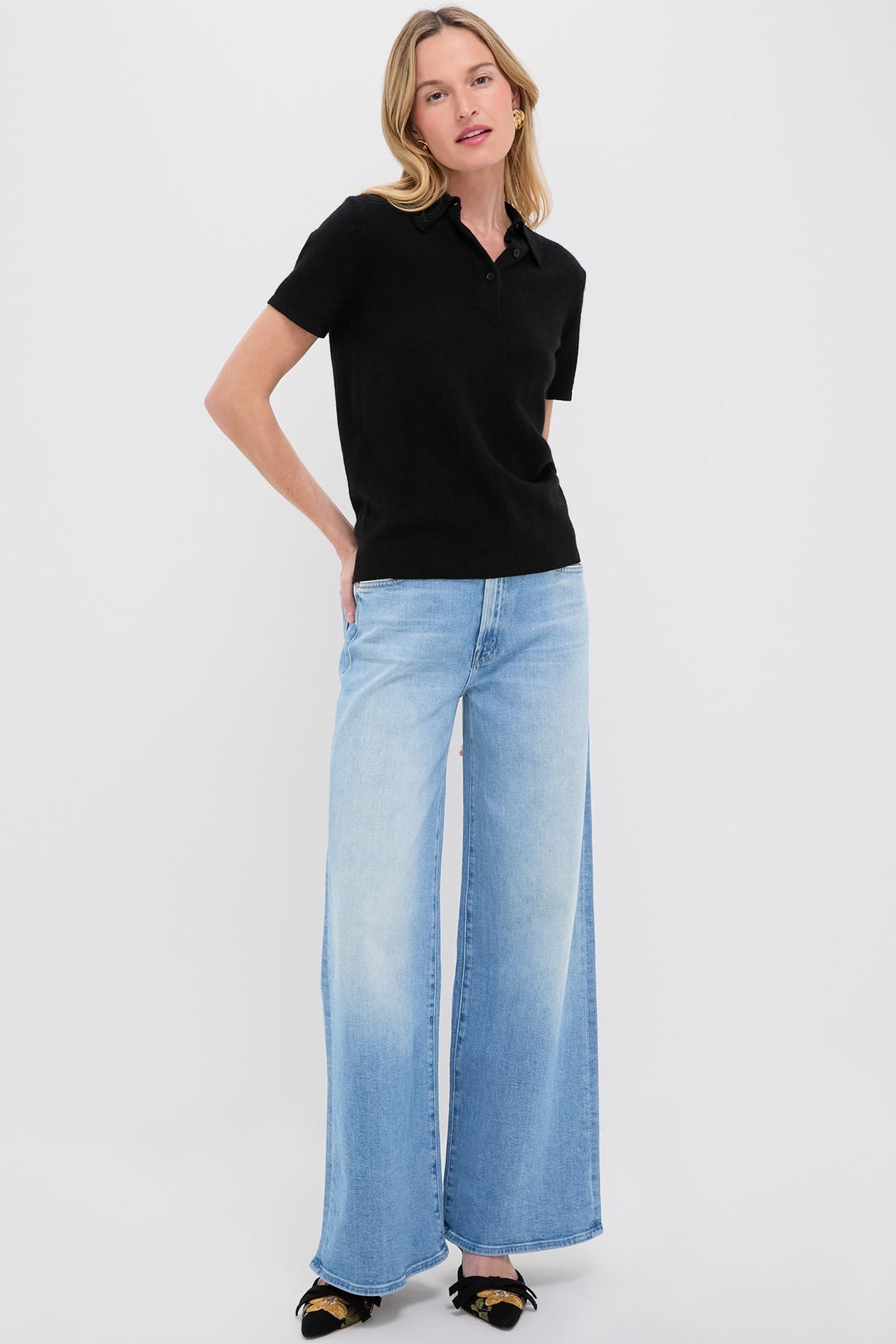 Black Cashmere Short Sleeve Polo