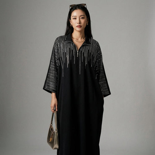 Robe longue imprimée noire avec col polo et manches longues - K-fashion femme - Taille S