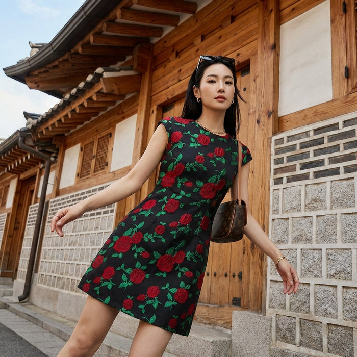Robe courte imprimée slim fit col rond K-fashion - Koreanxwear