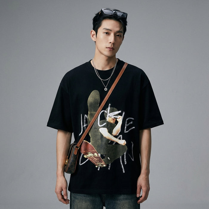 T-shirt imprimé streetwear noir et blanc - Koreanxwear - Taille M