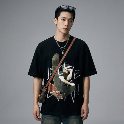 T-shirt imprimé streetwear noir et blanc - Koreanxwear - Taille M