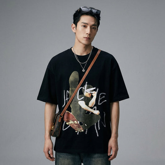 T-shirt imprimé streetwear noir et blanc - Koreanxwear - Taille M