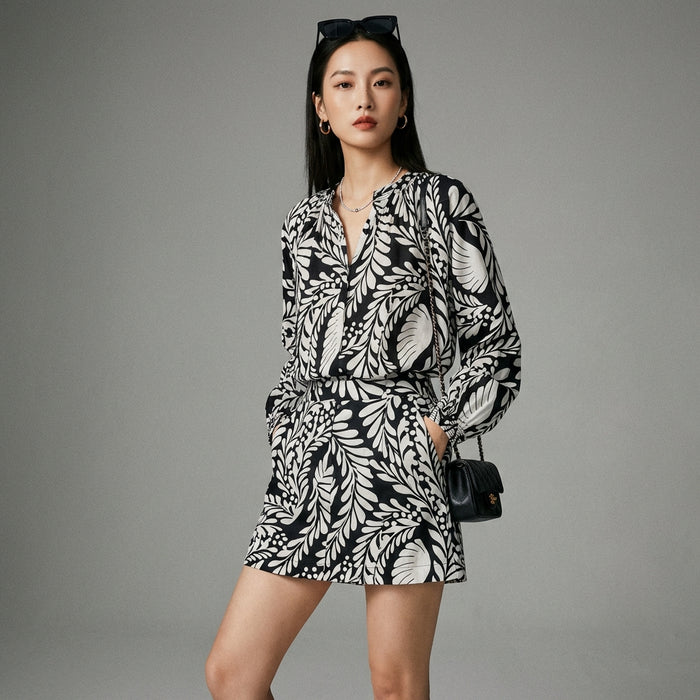 Ensemble top imprimé manches longues et jupe courte pour femme - Koreanxwear - Taille XS