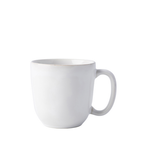 Whitewash ceramic coffee mug with rounded body and curved handle.