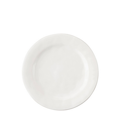Round white ceramic salad plate with subtle textured finish and slightly raised rim.