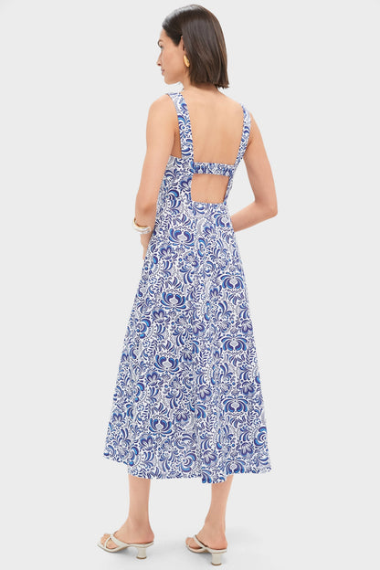 Blue Linen Floral Open Back Lawson Bustier Maxi Dress