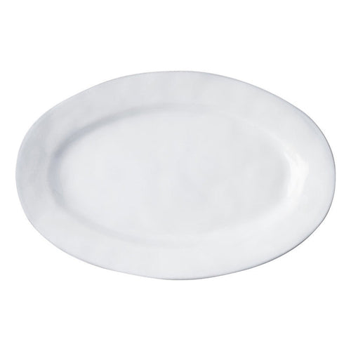 Large white oval ceramic serving platter with subtle textured rim and smooth finish.